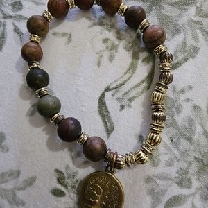 Elegant Gold and Brown Beaded Bracelet with Tree Charm